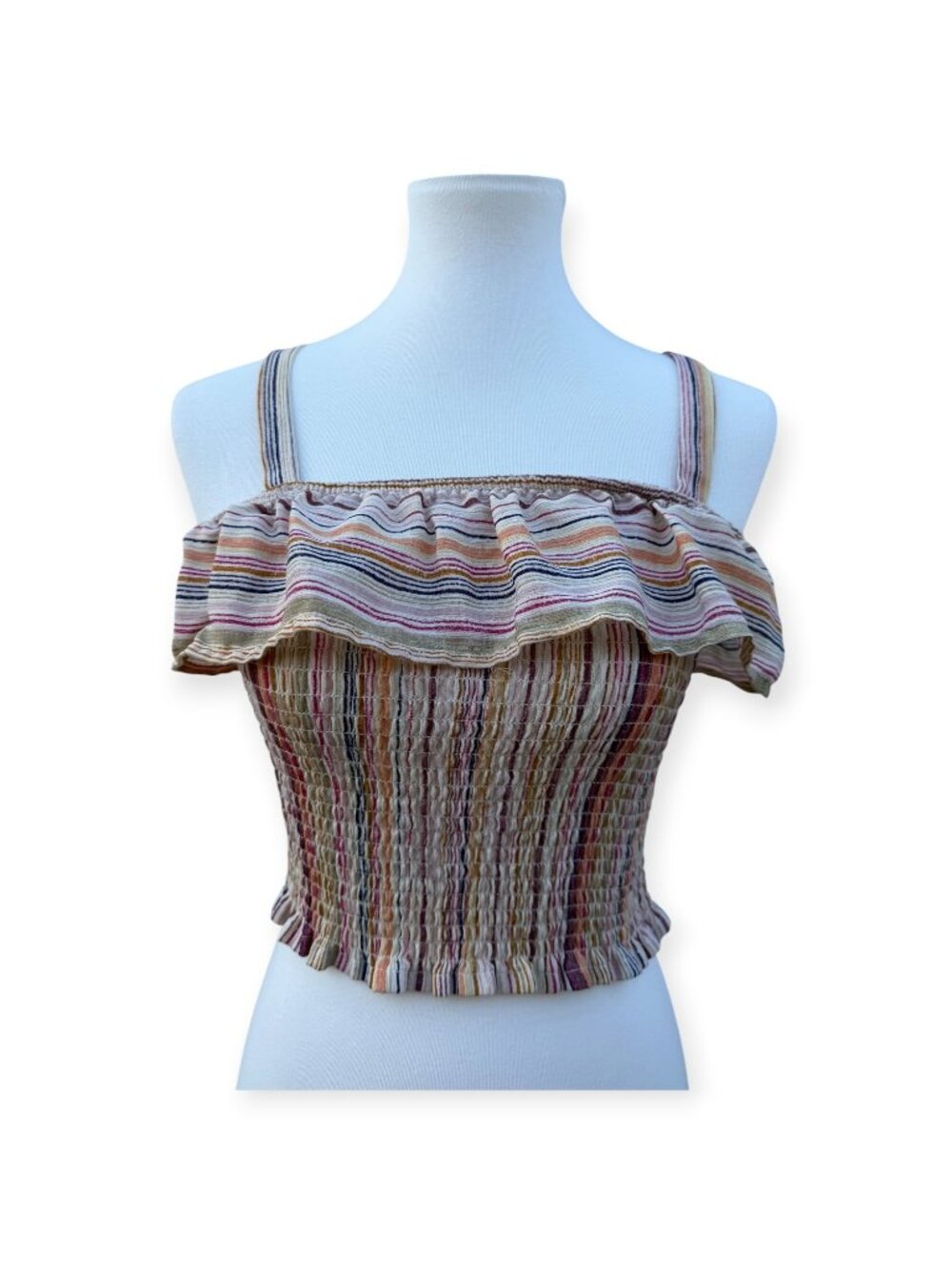 Live To Be Spoiled Crop Top Womens Small Striped Smocked Ruffle Tank Boho